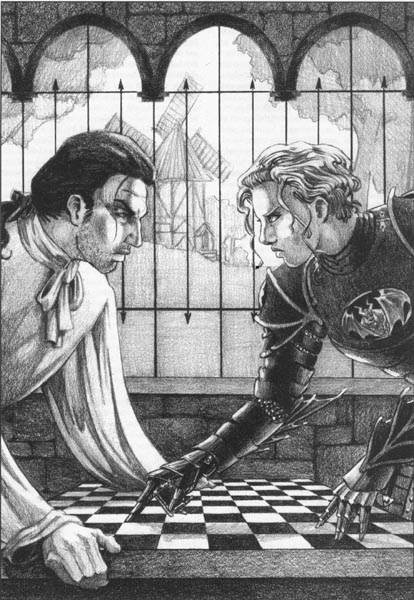 chapter header from a 7th Sea roleplaying game manual, graphite image of two main characters facing off in a heated discussion over a checkerboard game table