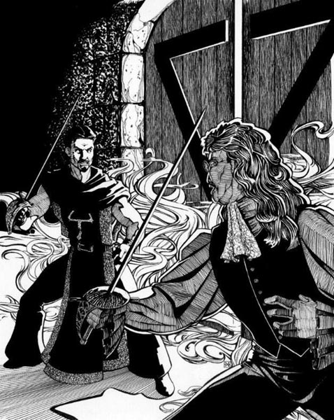 chapter header from a 7th Sea roleplaying game manual, black and white ink image of two main characters facing off in a sword duel next to large heavy wooden doors as a dangerous vapor creeps in from underneath