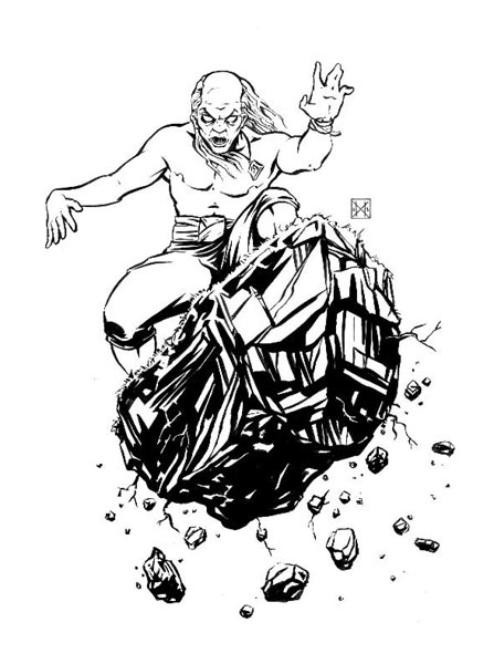 black and white illustration from a game manual for Legend Of The Five Rings; a malevolent sorcerer rises above the viewer on a chunk of floating earth as he looks down menacingly, raising his hands to cast more magic.