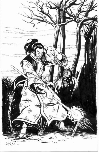 black and white illustration from a game manual for Legend Of The Five Rings; a warrior with a magic staff is attacked in the woods by undead creatures rising from the earth beneath him.