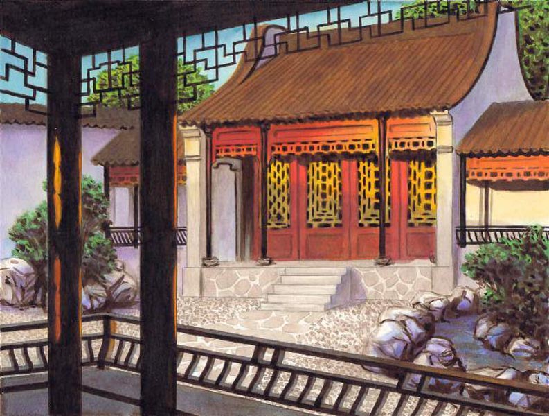 painting from a Legend Of The Five Rings playing card, a simple scene of a courtyard of an affluent property, with high walls and a small koi pond, the viewer is placed on a shaded porch looking out.