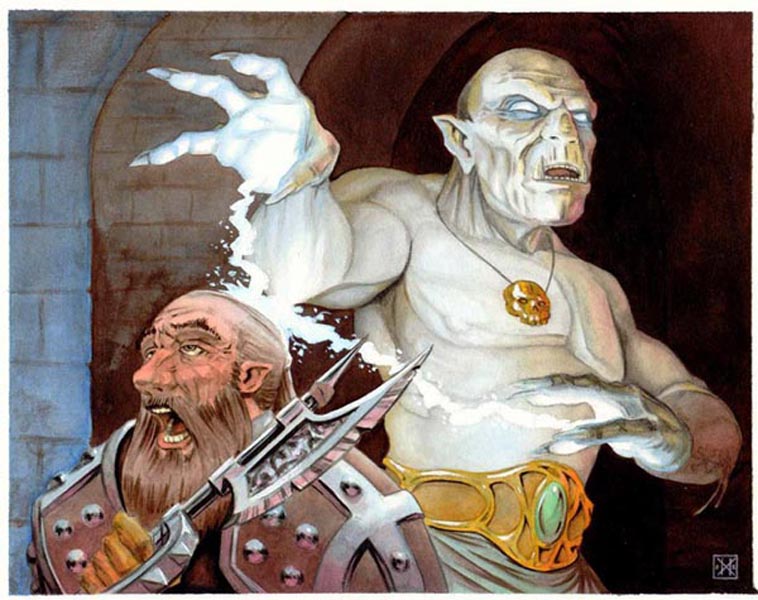 painting from a Warlord playing card, a Dwarven warrior in the sewers is attacked by a Nothrog mage, affecting his mind.