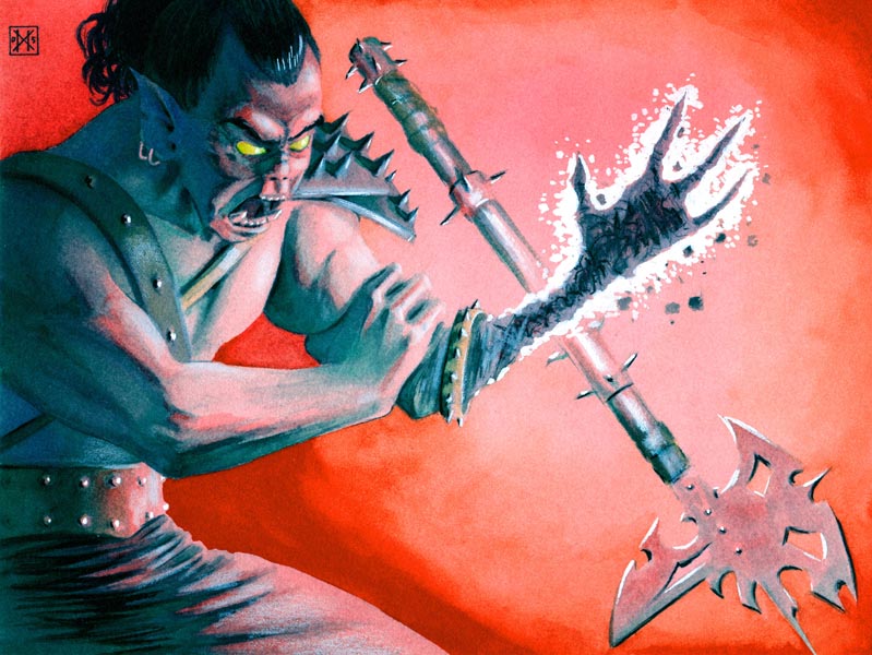 painting from a Warlord playing card, a Nothrog warrior grips his arm in pain and fear as it is hit with a spell whithering it to dessicated flesh and bone.  he drops his massive battle axe in his panic.