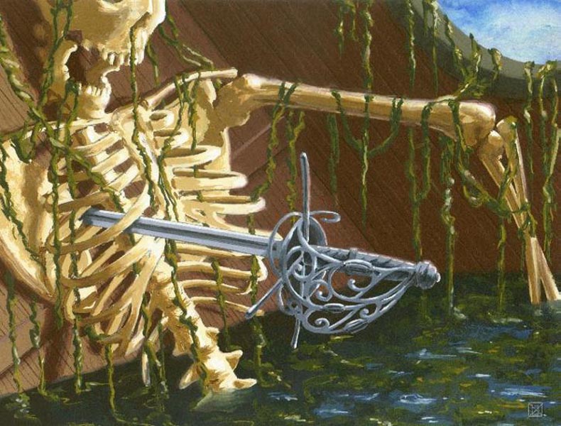 painting from a 7th Sea playing card, a skeleton is pinned through its ribs to the wall of a half-submerged ship by an ornate sword. everything is covered in mossy seaweed.