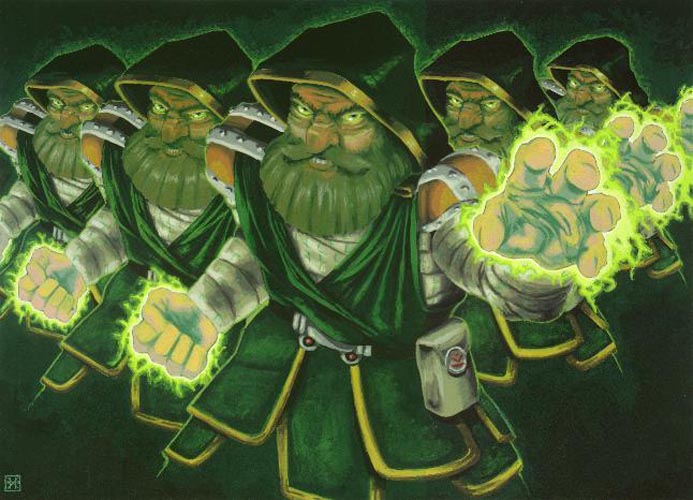 painting from a Warlord playing card, a Dwarven mage surropunds himself with mirage duplicates as his glowing hands reach out in an attack stance.