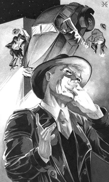 black and white illustration from a game manual for Edge Of Midnight; a man in the forefround in a fedora and smoking a cigarette raises his free hand while behind him a car is thrown into the air and its occupants are flung out of the doors to fall to the ground.