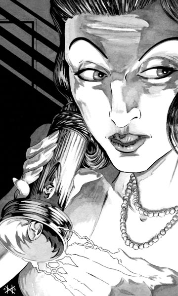 black and white illustration from a game manual for Edge Of Midnight; a woman in a darkened room uses some magic to repower her flashlight, her hand glowing as it sends power to the device.
