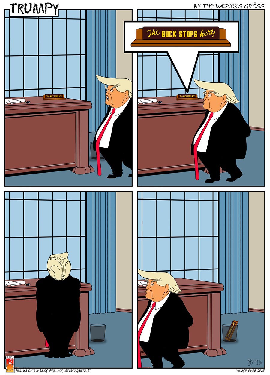 four-panel cartoon of Trumpy (#5, volume 2), with the title/logo in the top left corner, 