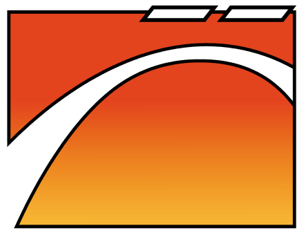 Logo for Umlaut Initiatives; a white field with a red-to-yellow faded background with a black curved bar that dynamically swoops across the field, toppped by two slanted rectangular black boxes representing umlaut marks over the top portion of a letter.