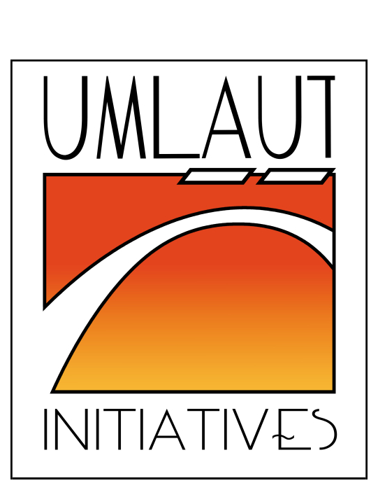 Logo for Umlaut Initiatives; a colored field, fading from red-orange at the top to yellow-orange at the bottom.  Over the face of this color field is a white curved bar that dynamically swoops across the field, toppped by two slanted rectangular white boxes representing umlaut markes over the top portion of a letter. Surrounding this is a white box with art deco font text in black, the word UMLAUT above the colored field and INITIATIVES below.
